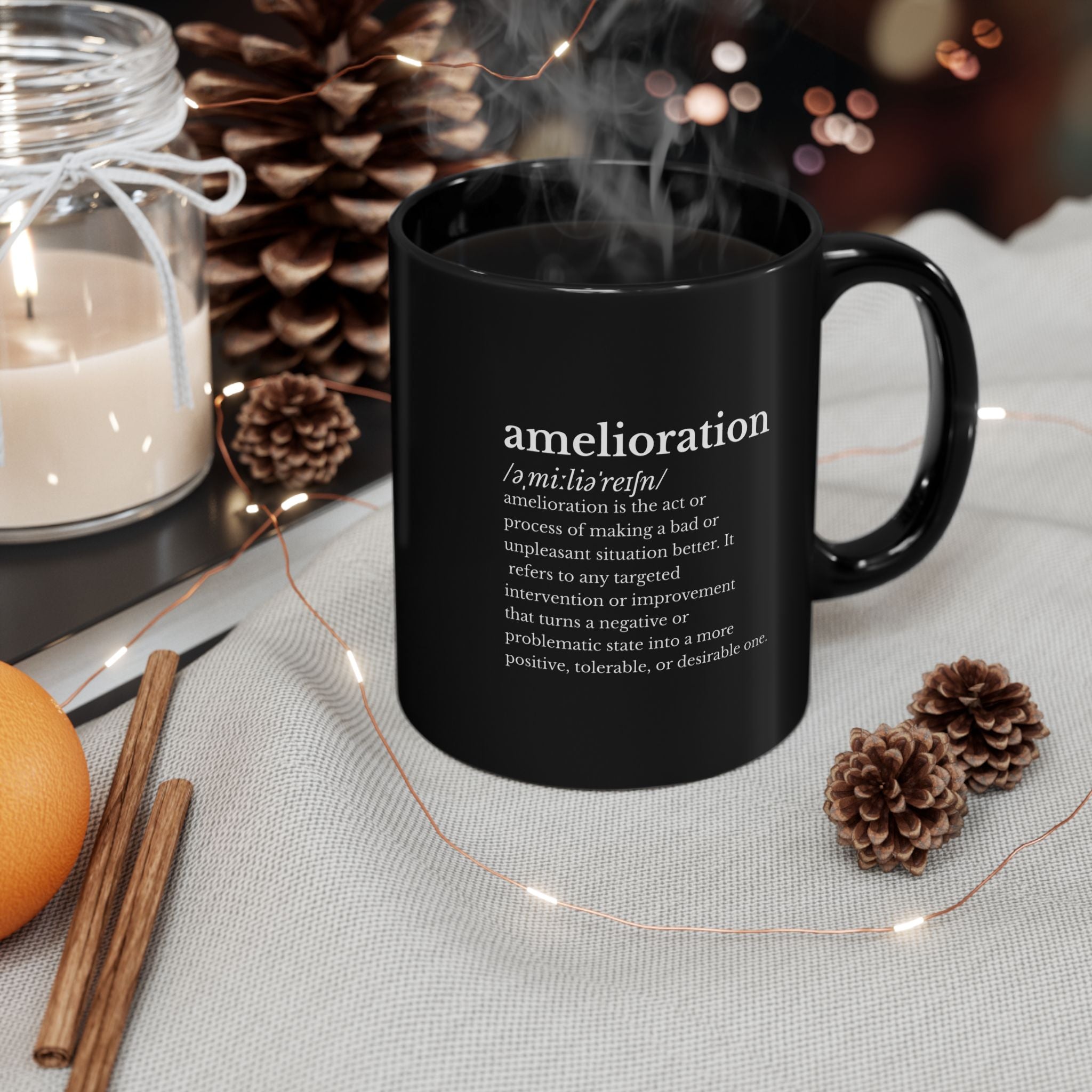 Minimalist Black Amelioration Definition Mug, Classy Ceramic Motivational Typography Coffee Cup, Intellectual Desk Decor Gift for Coworker