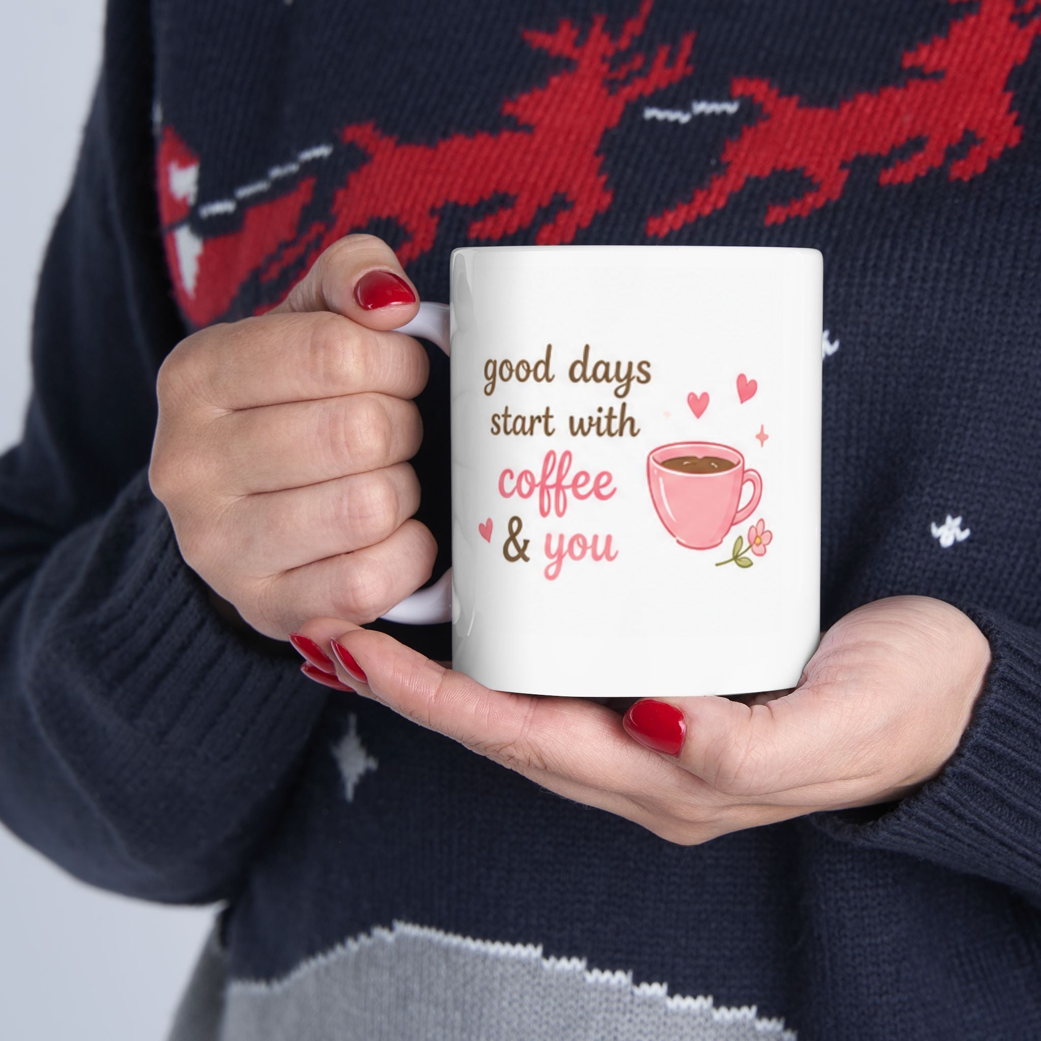 good days start with coffee & you Mug | Cute Girly Coffee Mug | Pink Aesthetic Coffee Cup | Coffee Lover Gift | Feminine Ceramic Mug
