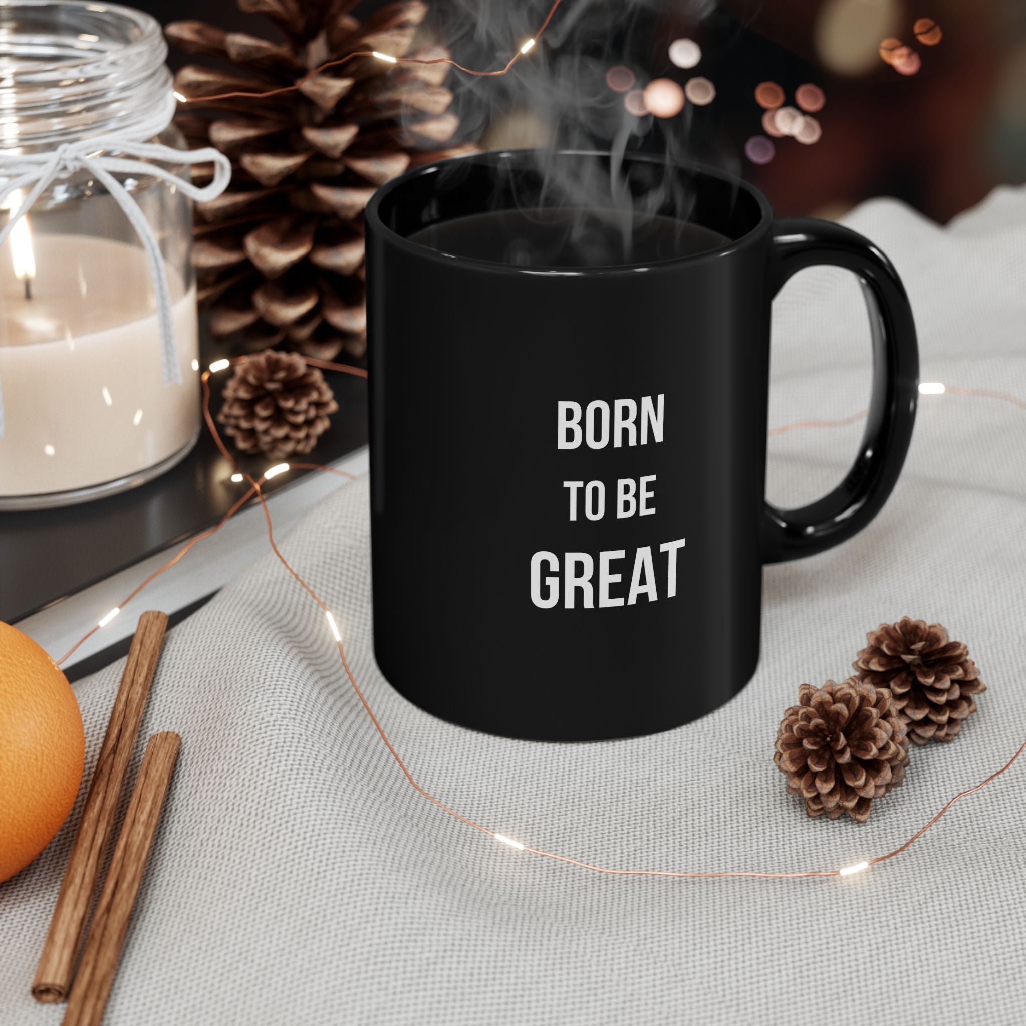 Minimalist Born To Be Great Black Coffee Mug, Classy Ceramic Motivational Quote Cup, Sleek Bold Typography Office Desk Gift