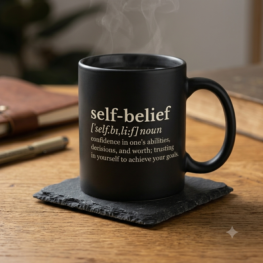 Minimalist Black Self-Belief Definition Mug, Classy Ceramic Motivational Typography Coffee Cup, Intellectual Desk Decor Gift for Coworker