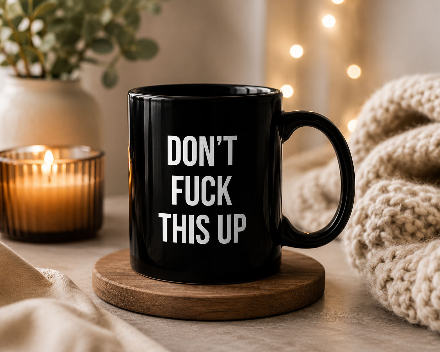 Minimalist Don't Fuck This Up Black Coffee Mug, Funny Crude Swear Word Office Cup, Sleek Bold Typography Joke Gag Gift for Friend
