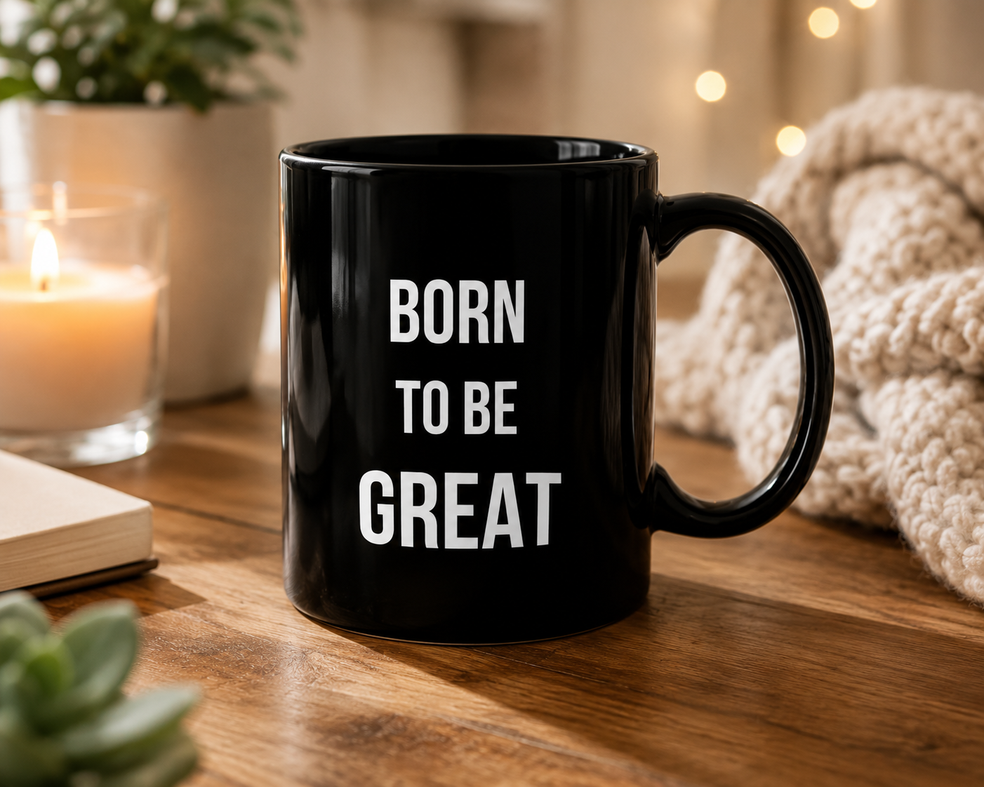 Minimalist Born To Be Great Black Coffee Mug, Classy Ceramic Motivational Quote Cup, Sleek Bold Typography Office Desk Gift