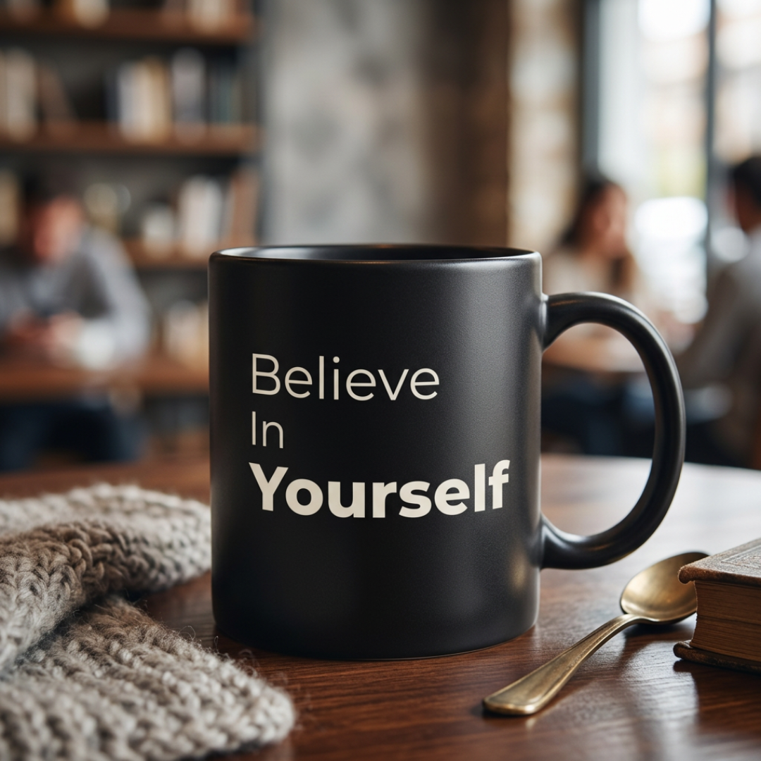 Minimalist Believe In Yourself Black Mug, Classy Ceramic Motivational Quote Coffee Cup, Sleek Office Desk Decor Inspirational Gift
