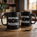 Minimalist Anything is Possible Black Mug, Classy Ceramic Motivational Quote Coffee Cup, Inspirational Office Desk Gift for Coworker