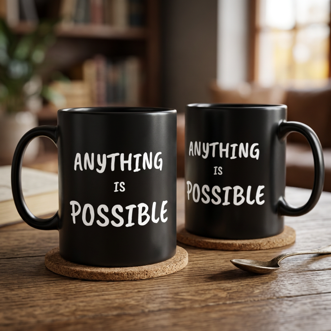 Minimalist Anything is Possible Black Mug, Classy Ceramic Motivational Quote Coffee Cup, Inspirational Office Desk Gift for Coworker