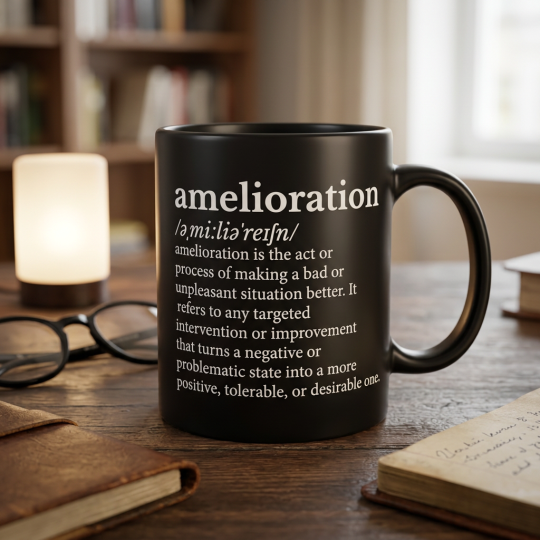 Minimalist Black Amelioration Definition Mug, Classy Ceramic Motivational Typography Coffee Cup, Intellectual Desk Decor Gift for Coworker