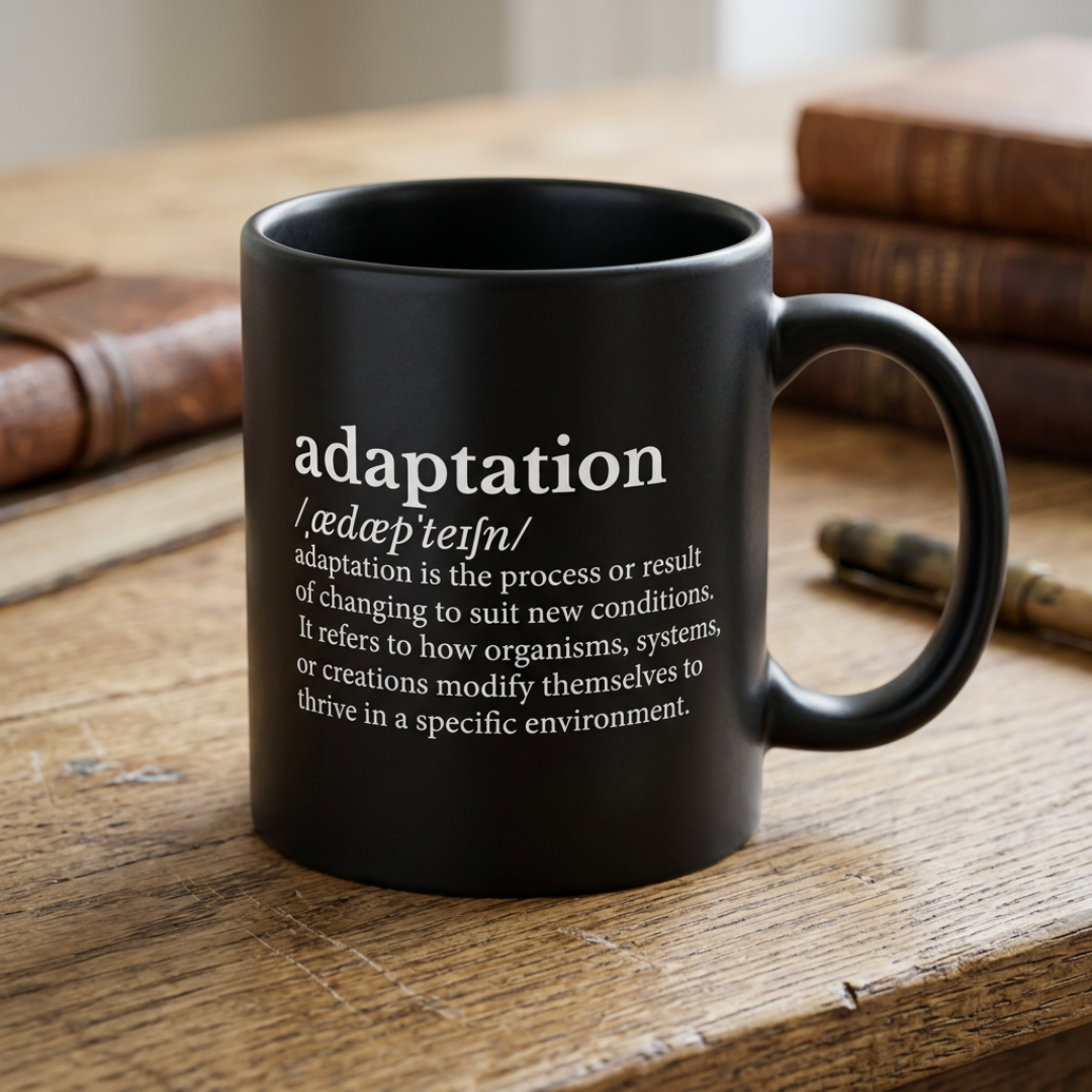 Minimalist Black Adaptation Definition Mug, Classy Ceramic Motivational Typography Coffee Cup, Intellectual Desk Decor Gift for Coworker