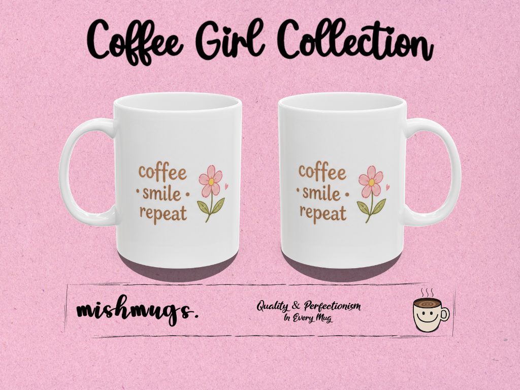 coffee smile repeat Mug | Cute Girly Coffee Mug | Pink Aesthetic Coffee Cup | Coffee Lover Gift | Feminine Ceramic Mug