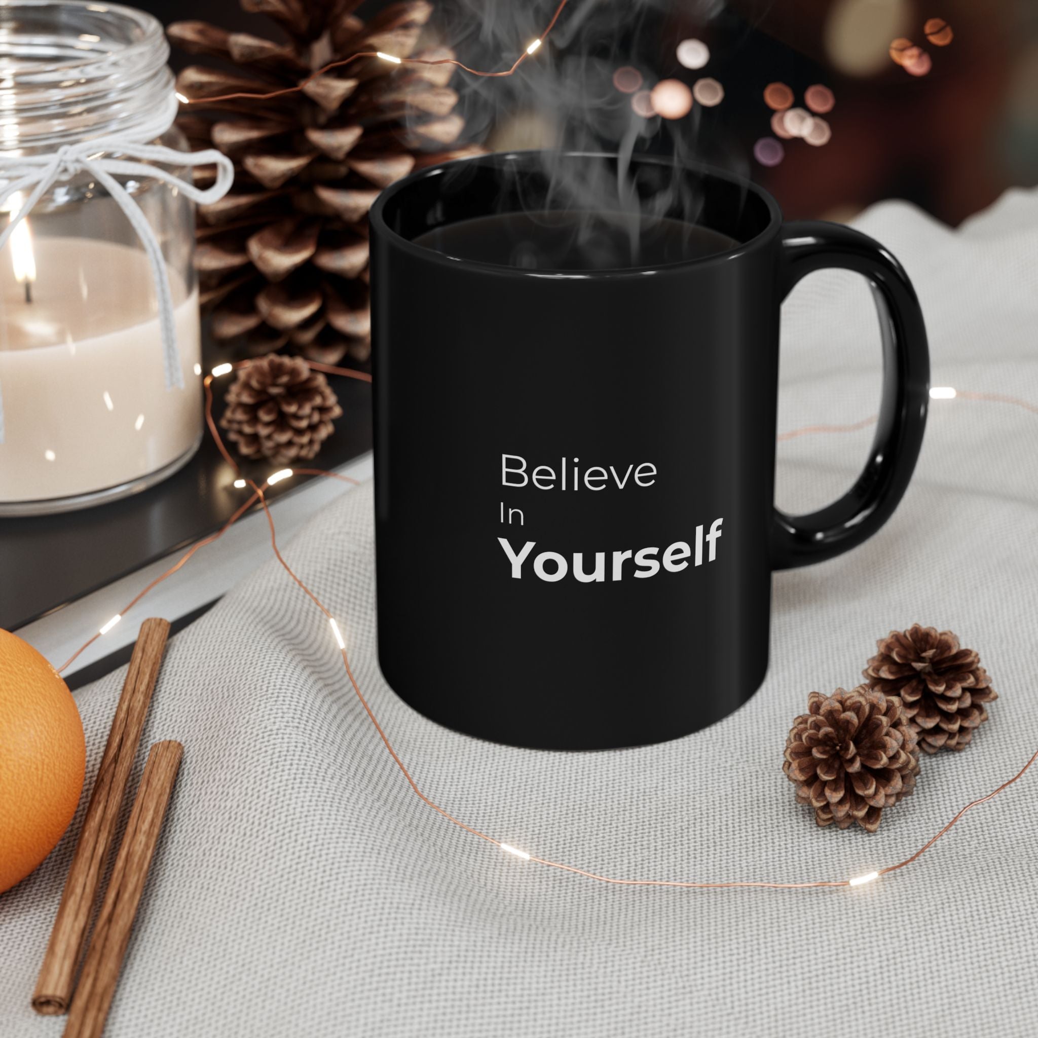 Minimalist Believe In Yourself Black Mug, Classy Ceramic Motivational Quote Coffee Cup, Sleek Office Desk Decor Inspirational Gift