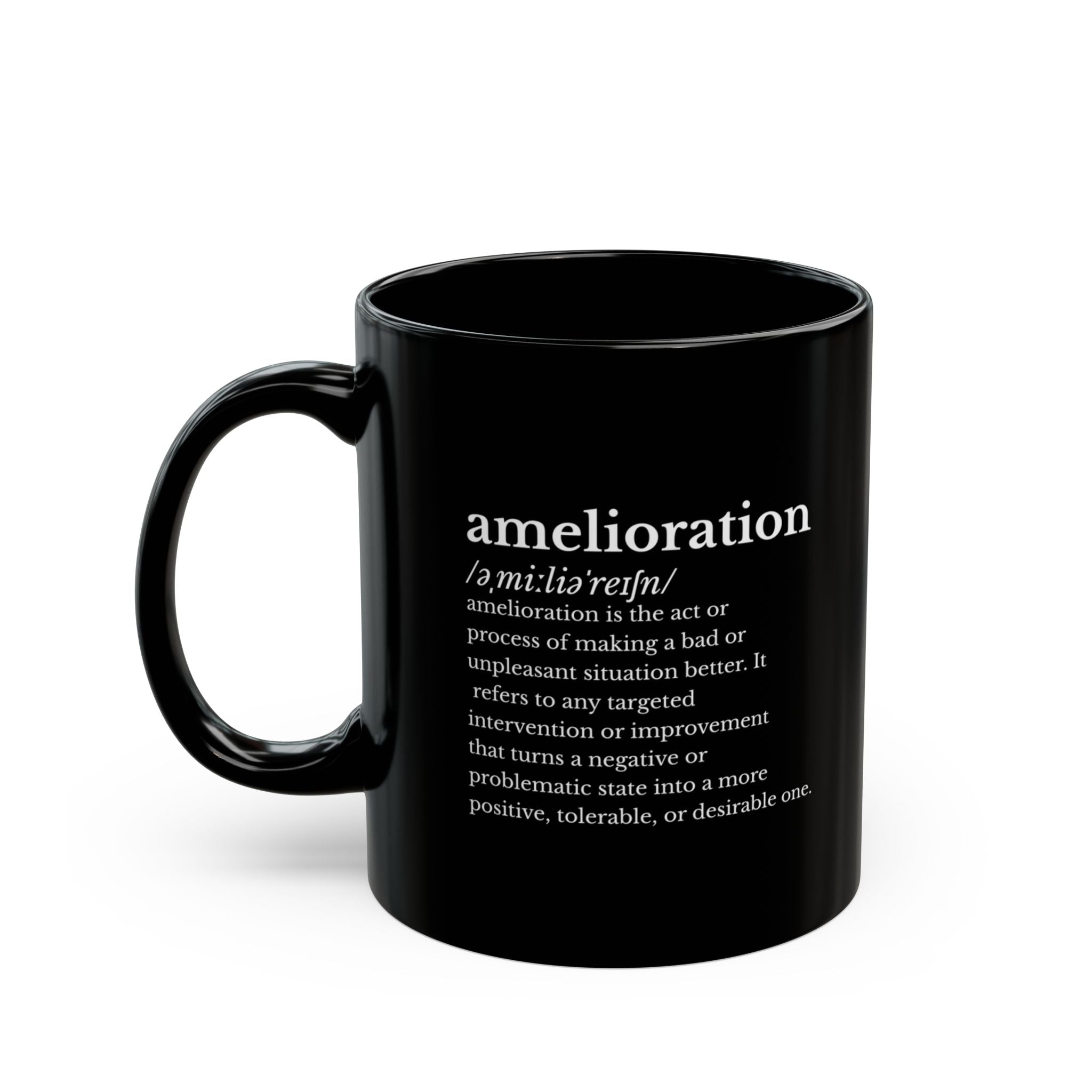 Minimalist Black Amelioration Definition Mug, Classy Ceramic Motivational Typography Coffee Cup, Intellectual Desk Decor Gift for Coworker